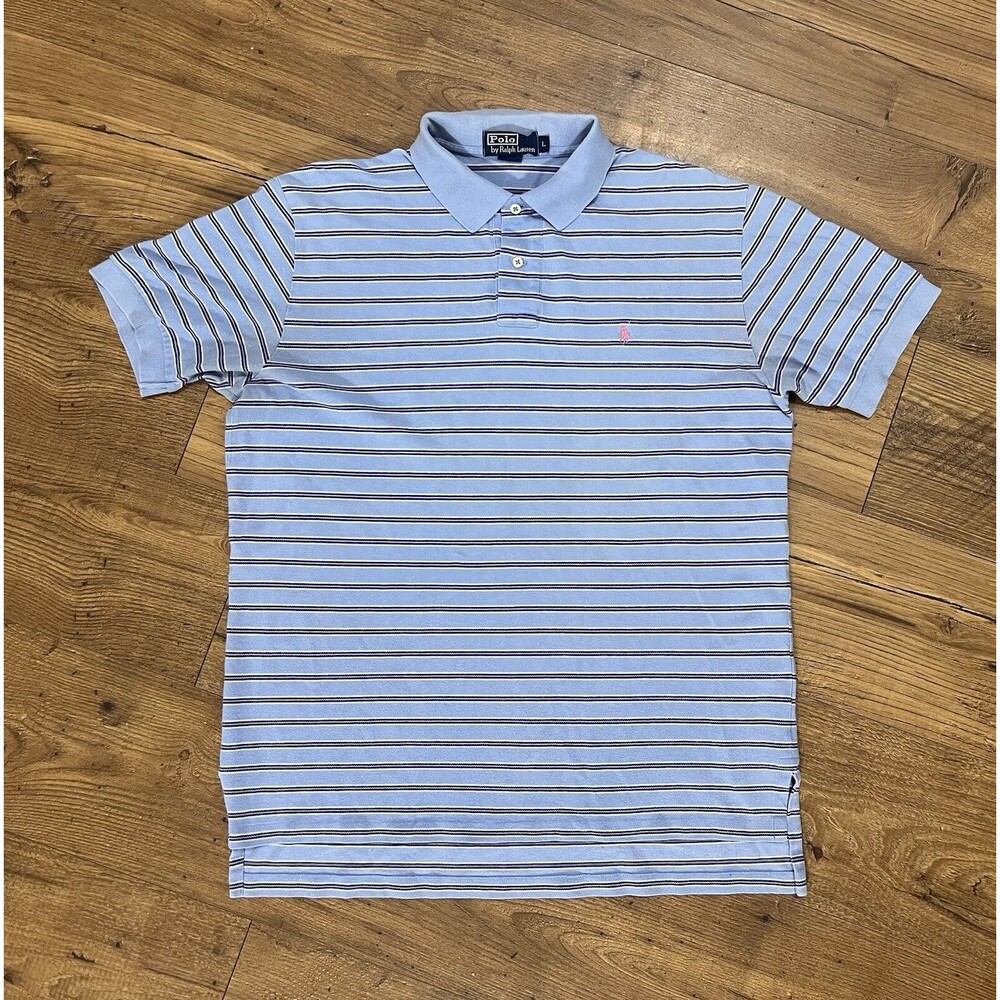 Vintage Ralph Lauren Polo Shirt Mens Large Blue Pink Black Striped Short Sleeve